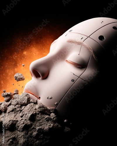 Sentient Android Decaying Amidst Fiery Debris