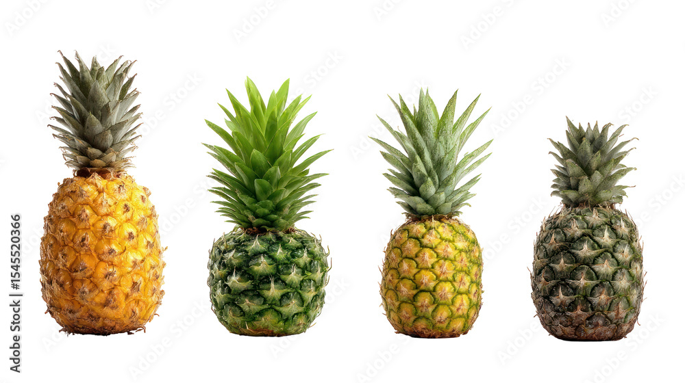 Fototapeta premium Four Pineapples Displaying Different Ripeness Stages on a Dark Background