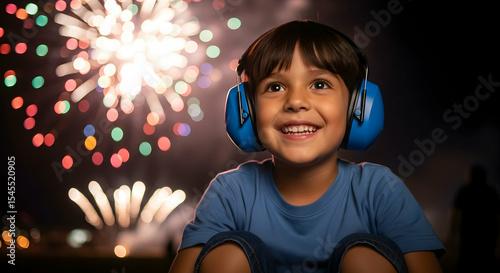 Happy boy watching fireworks wearing ear protection headphones celebration