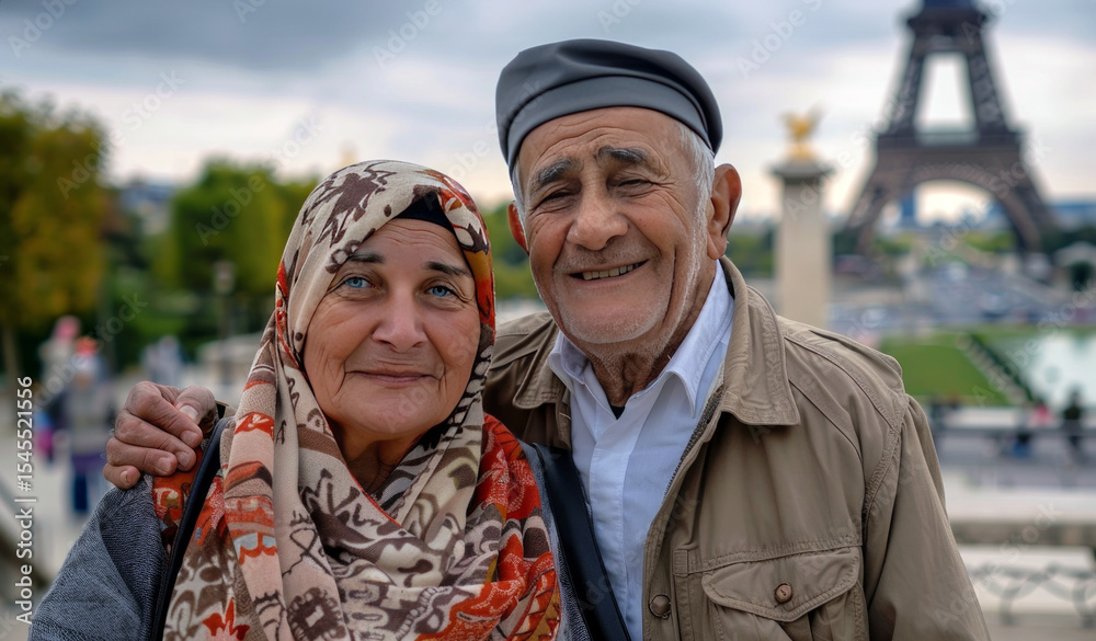 Fototapeta premium Muslim senior couplein front of eiffel tower