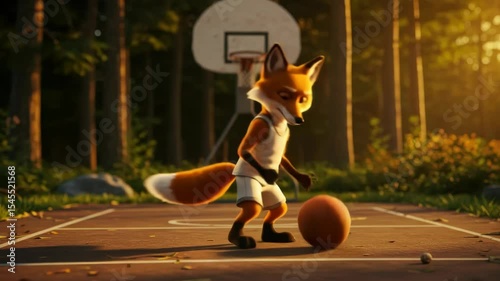 Animated Fox Playing Basketball on Outdoor Court in Forest Setting with Golden Light