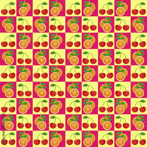 This image features a lively, colorful fruit-themed pattern arranged in a checkerboard layout.