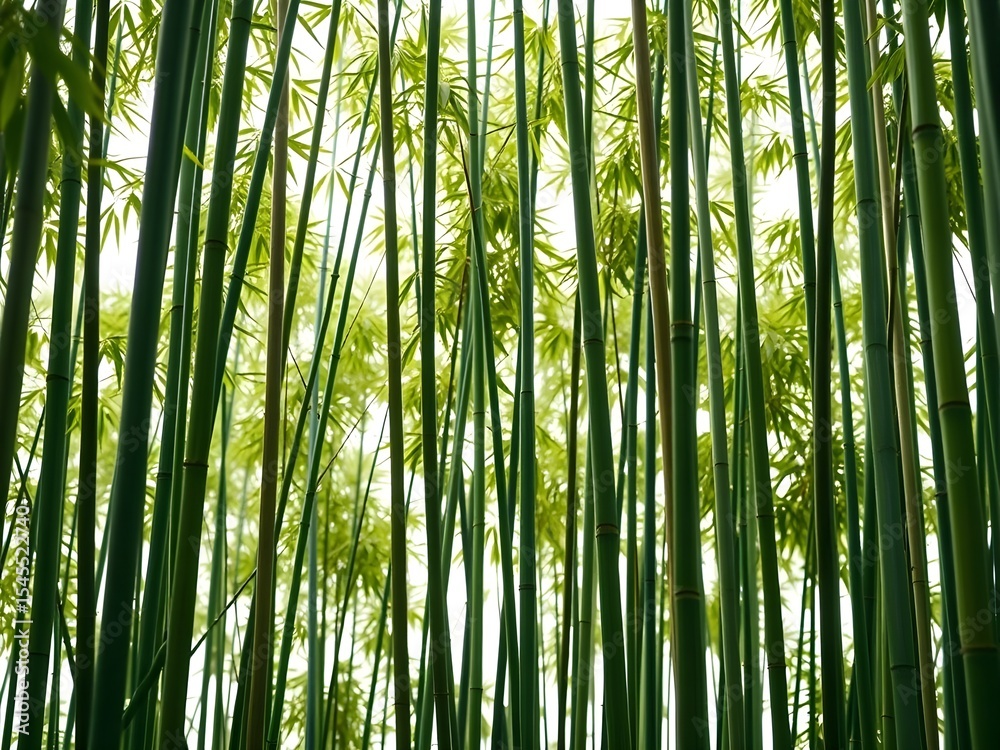 Fototapeta premium Close-up view of green bamboo stalks and fresh leaves against a clean white background, highlighting natural plant textures – ideal for botanical, wellness, and eco-themed designs.