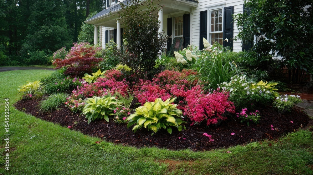 Obraz premium Front yard planting design with layered flower beds, bold foliage, and textured mulch base