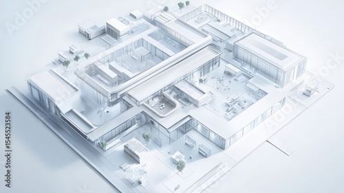 Monochrome architectural campus rendering showcasing minimalist design