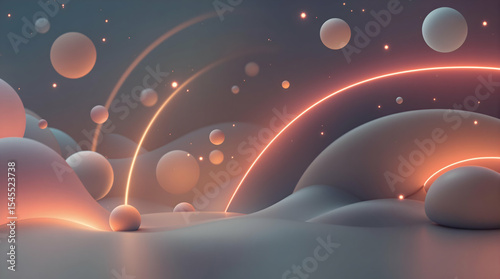 Abstract surreal landscape with glowing spheres and arcs creates a dreamlike scene