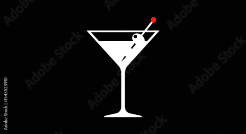 Minimalist Martini Glass Icon – Bold White Silhouette with Olive Garnish on Black