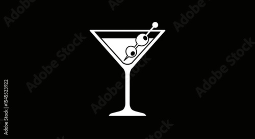 Minimalist Martini Glass Icon – Bold White Silhouette with Olive Garnish on Black