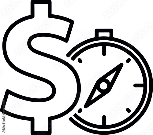 Minimal black outline icon of a dollar sign with a compass, representing financial strategy.eps