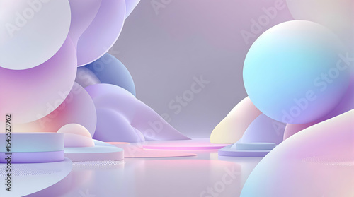 Abstract 3D pastel podium stage backdrop with soft clouds for product showcase