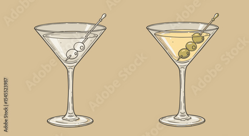 Martini Variations Icon – Flat Vector of Gibson with Onion & Classic Olive Garnish Side by Side11111111111111111111111111111111111111111111111111111111111111111