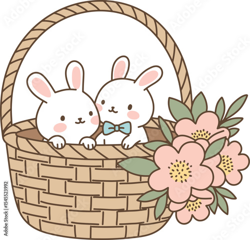 Easter Bunnies in a Basket with Flowers Illustration 