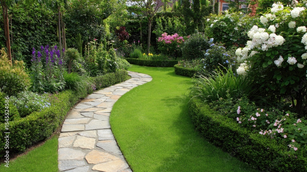Obraz premium Lawn divided by curved stone path and bordered with flowering hedges in classic landscape layout