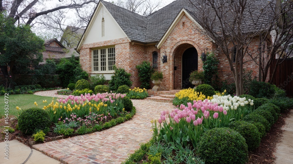 Obraz premium Lush front yard with vibrant tulips, neatly edged lawn, and decorative shrubs framing a charming brick house entrance