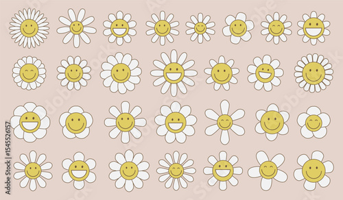 Set of funny happy daisy faces with eyes and smile. Groovy flower cute cartoon colorful characters. Sticker pack in trendy retro trippy style. Hippie 60s, 70s style. Isolated vector illustration