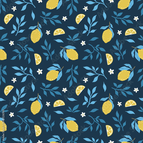 Hand drawn colorful seamless pattern of hand drawn lemons leaves and lemon flowers. Citrus fruit background. Perfect for textile manufacturing wallpaper posters etc. Vector illustration	