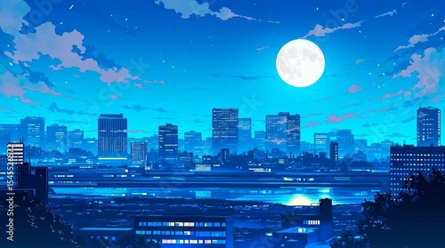 1980年代風レトロポップな日本の風景。ネオンの都市夜景イラスト・満月とピンクの雲が広がる幻想的な都会の背景素材・ノスタルジックでエモーショナルな未来都市風景・青い夜空・美しい街並み・夜の都市