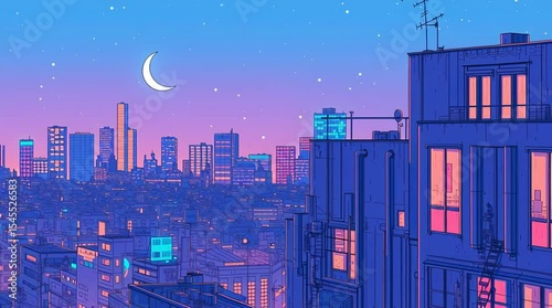 1980年代風レトロポップな日本の風景。ネオンの都市夜景イラスト・満月とピンクの雲が広がる幻想的な都会の背景素材・ノスタルジックでエモーショナルな未来都市風景・青い夜空・美しい街並み・夜の都市