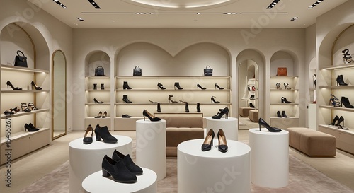 Elegant shoe boutique showcases stylish footwear subtly lit by warm recessed lighting. AI Generated