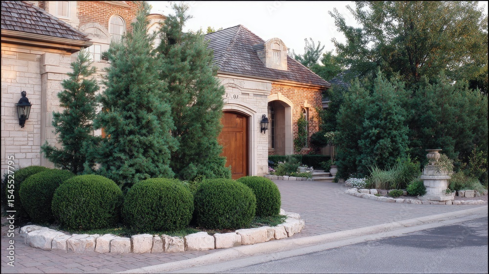 Fototapeta premium Small front yard with paved entry, evergreen bushes, and decorative stone border
