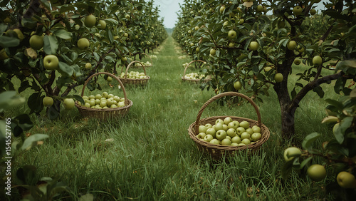 Abundant green apples in overflowing baskets in lush orchard rows. Perfect for fruit farm promotions, healthy eating campaigns, and agriculture-themed designs.