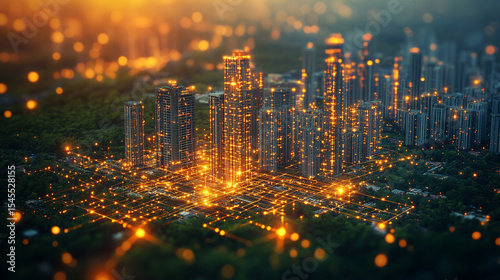 Digital twin simulation of a construction site with 3D building models, visible software interface, data tools, and active machinery—symbolizing smart building, precision, and project management.

