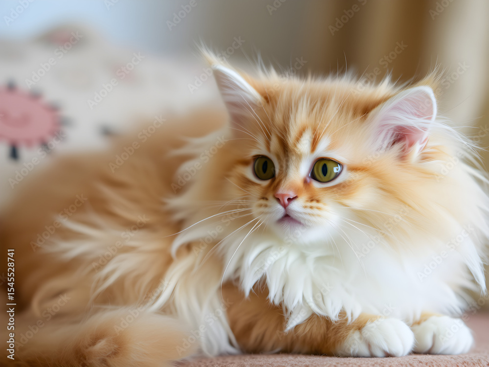 Fototapeta premium Cute Cream-Colored Kitten with Blue Eyes Sitting in a Box on Neutral Background