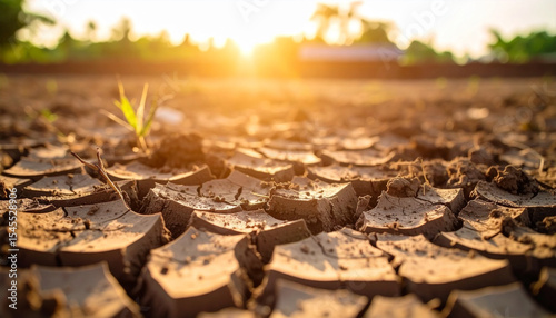 Survival Amidst Drought: A stark view of parched earth and a solitary plant defying adversity under a radiant sun, painting a vivid picture of resilience in the face of climate challenge.