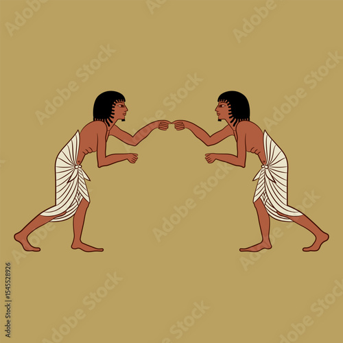 Symmetrical ethnic ancient Egyptian design with two boxing men.