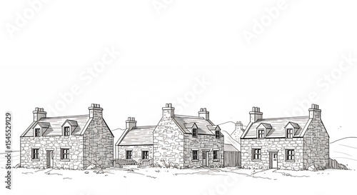 Grey scale architectural drawing of three stone houses