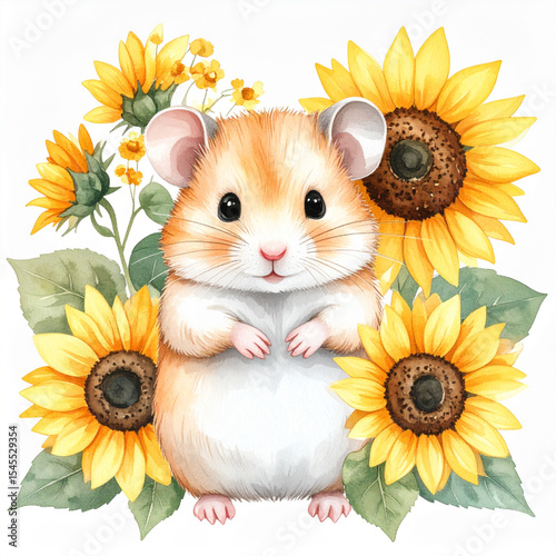 Cute animal and sunflower watercolor illustration_Hamster