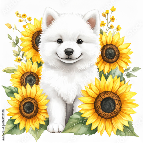 Cute animal and sunflower watercolor illustration_Dog