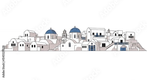 Line art illustration of a greek village