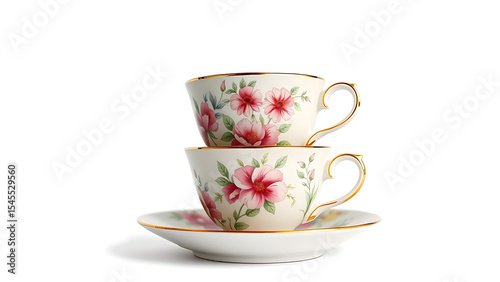 Watercolor Tea Cups with Floral Design Stacked Vintage China Illustration for Tea Party Invitations