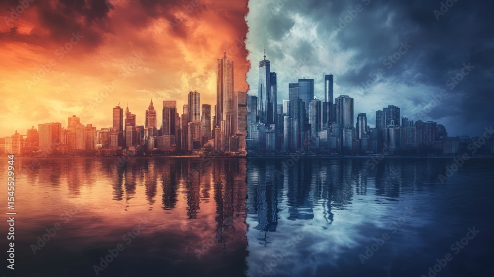 Obraz premium Dualistic cityscape reflected on water, balancing warmth and coolness tones