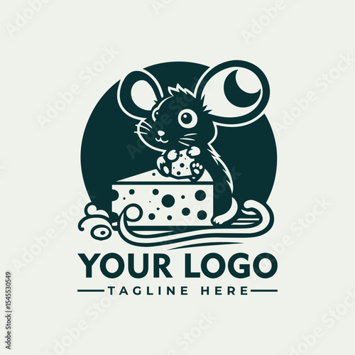 Cartoon mouse happily holding cheese, standing on a large cheese wedge, logo design.