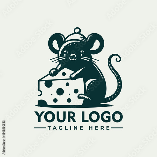 Cartoon mouse wearing a hat, holding a piece of Swiss cheese, logo design.