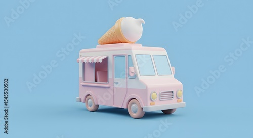 Cute pink ice cream truck with cone on top