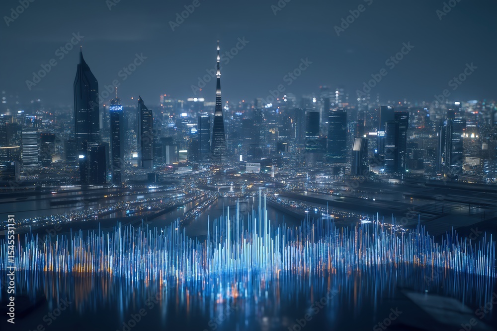 Fototapeta premium Urban skyline with abstract light patterns and digital effects.