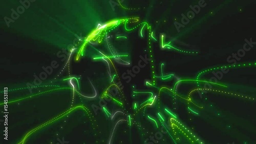 A vibrant, abstract representation of energy and movement, featuring swirling green light and dynamic patterns.