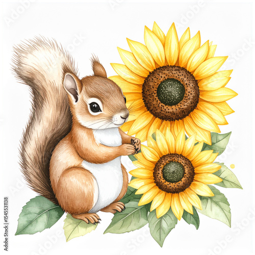 Cute animal and sunflower watercolor illustration_Squirrel