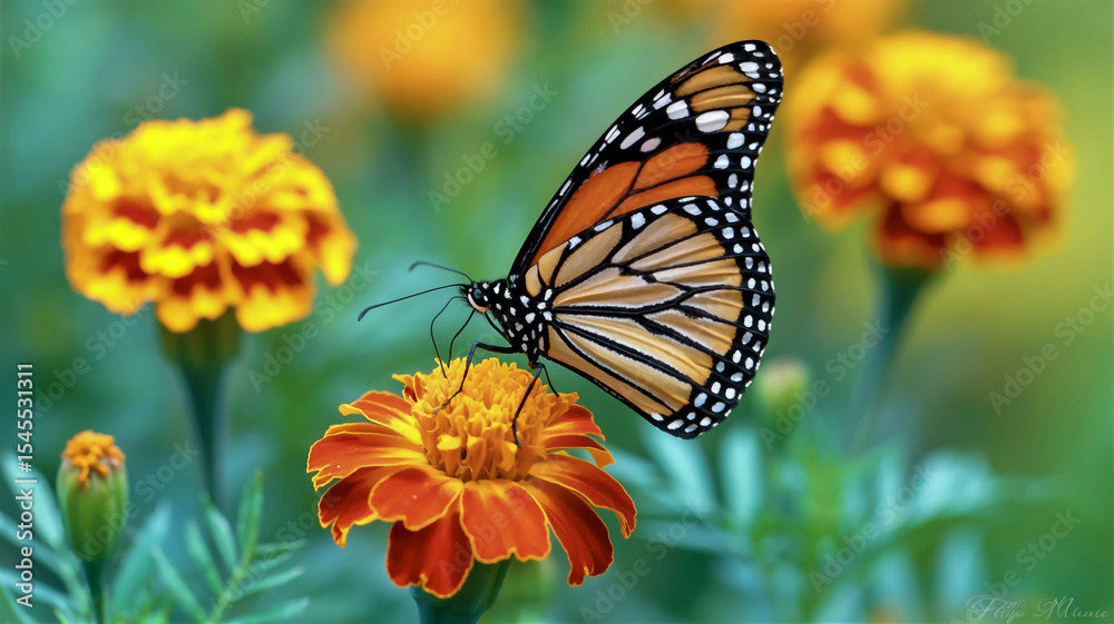 Obraz premium A close-up macro photograph of a monarch butterfly perched on an orange marigold flowe.