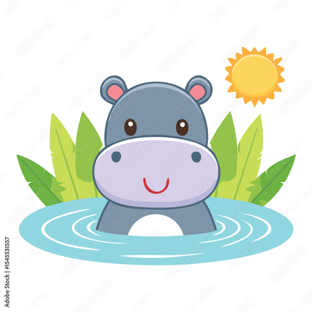 Naklejka premium A charming cartoon illustration of a hippopotamus enjoying a sunny day in the water
