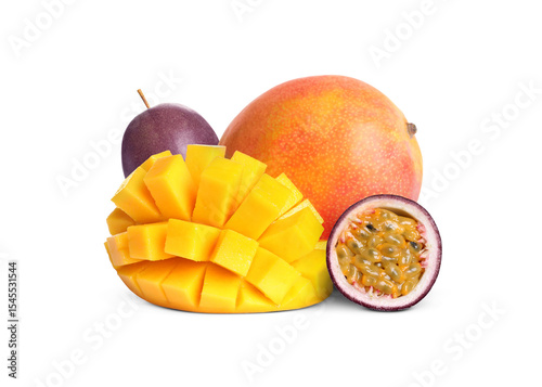 Sweet fresh mangos and passion fruits isolated on white
