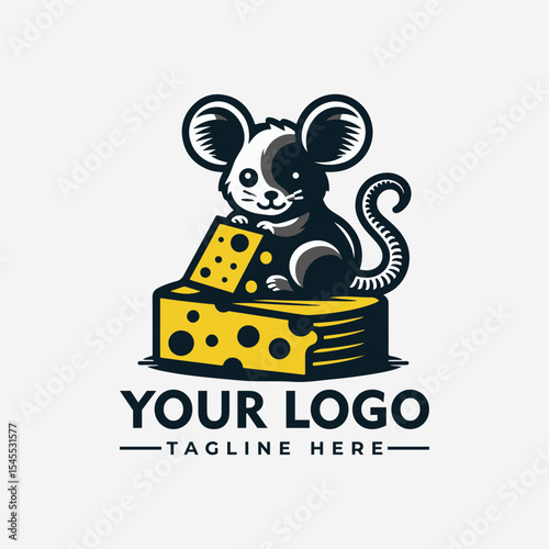Cute mouse logo design, sitting on a stack of cheese slices.