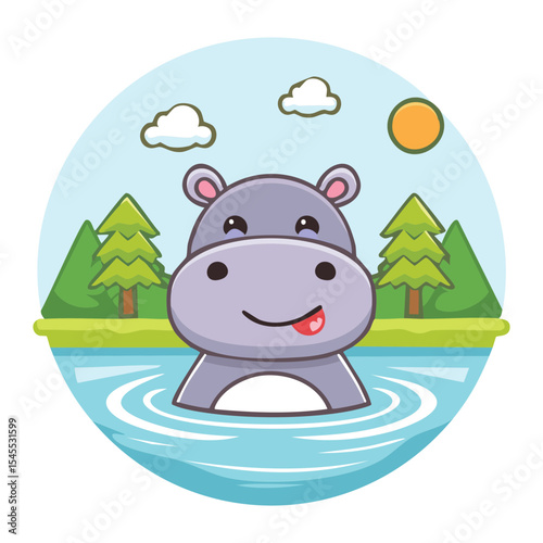 A cute cartoon hippopotamus enjoying a swim in a water with some nature landscape. It is a friendly cartoon illustration with nature landscape as a background