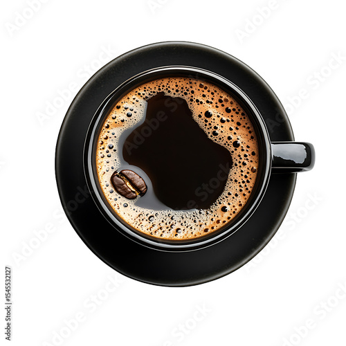 Top View of a Black Cup Filled with Freshly Brewed Coffee and a Single Coffee Bean