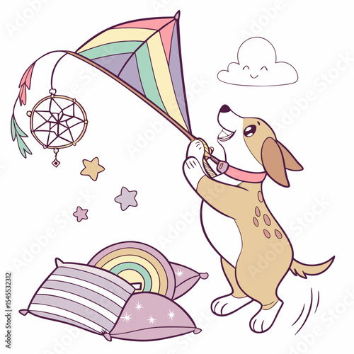 Whimsical Dog feeling Excited in a Fantasy dream setting with with a rainbow kite – colored in Dreamland