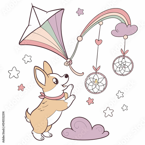 Whimsical Dog feeling Excited in a Fantasy dream setting with with a rainbow kite – colored in Dreamland