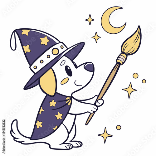 Magical Night themed SVG: Shy Dog with holding a paintbrush in a Starry night environment